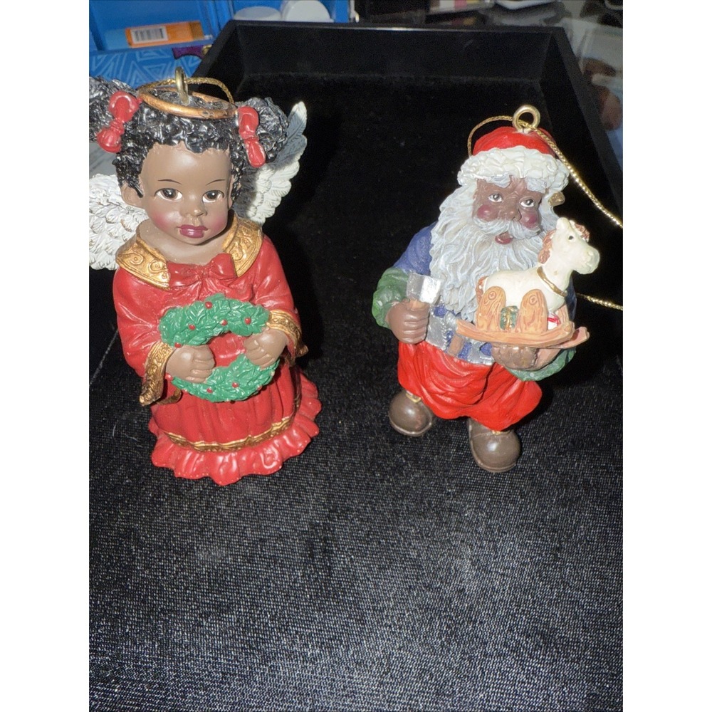 African American Black Santa‎ Claus And Angel Ornaments.  Resin 4" (4431